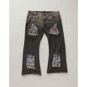 Rebel Vengeance Destroy Jeans Mens 46 Black Distressed Reconstructed Denim Patch